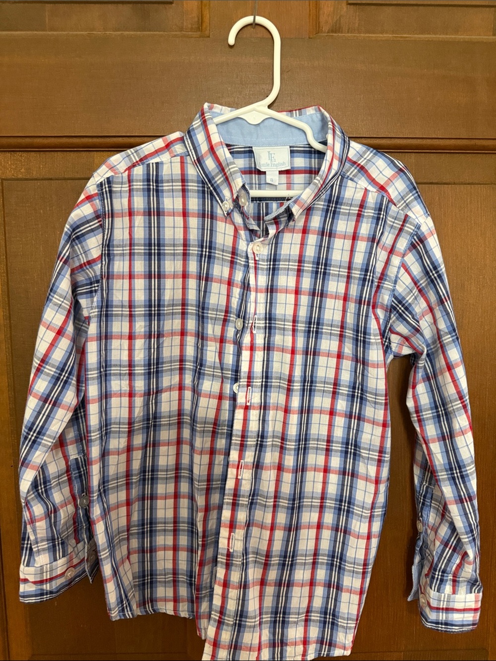 Boys Plaid Button-Down Shirt in White, Blue & Red